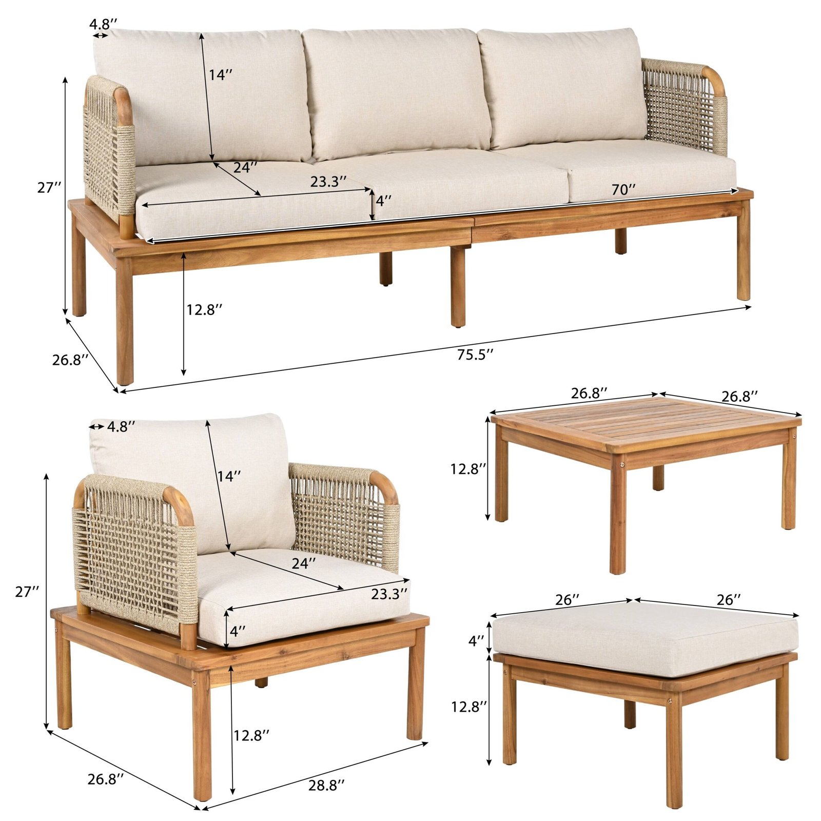 Acacia Wood Patio Sofa Set with Handwoven Rope Arms by Leisure Zone - Image 14