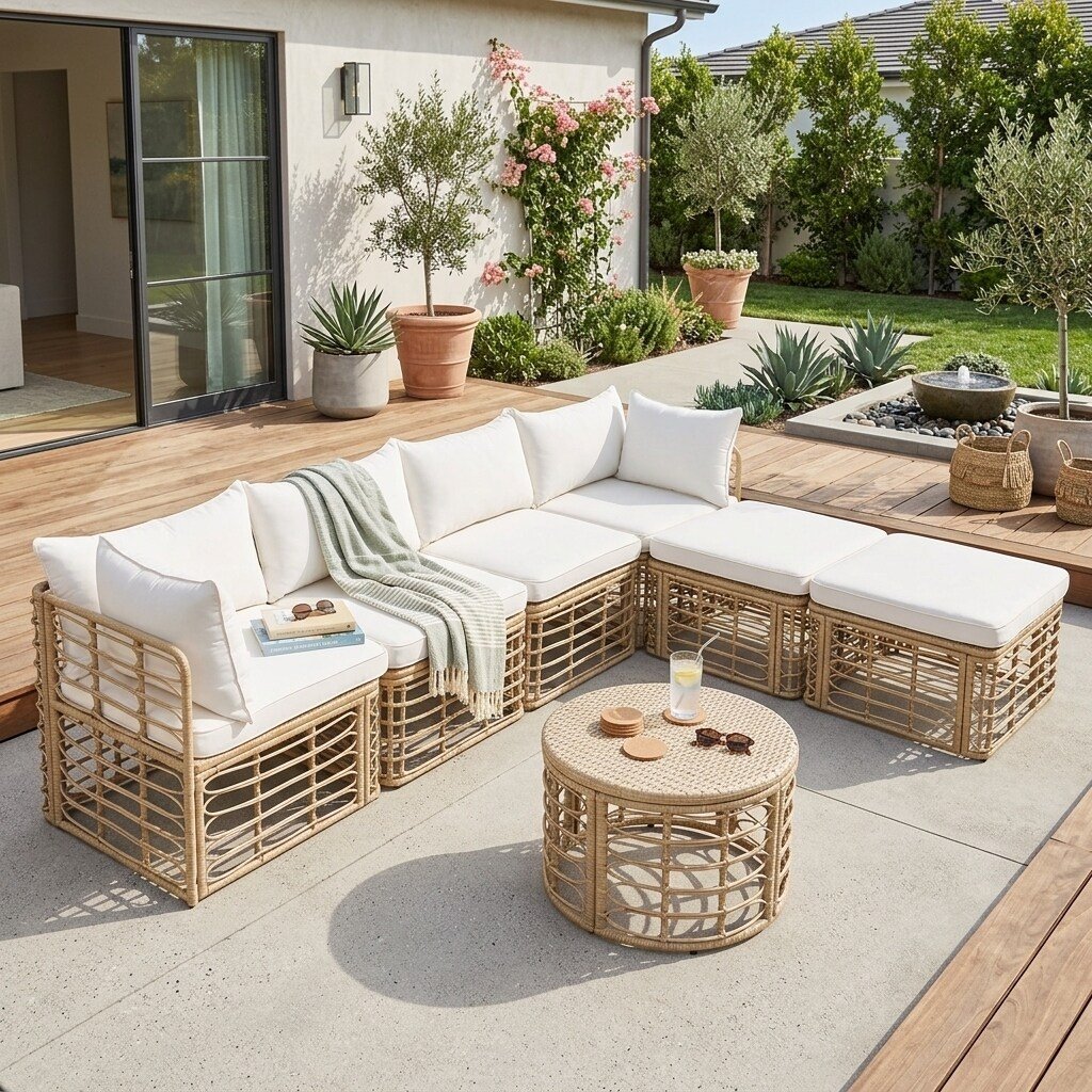 7-Piece Modular All-Weather Rattan Sectional Set with Round Woven Coffee Table by Leisure Zone - Image 3