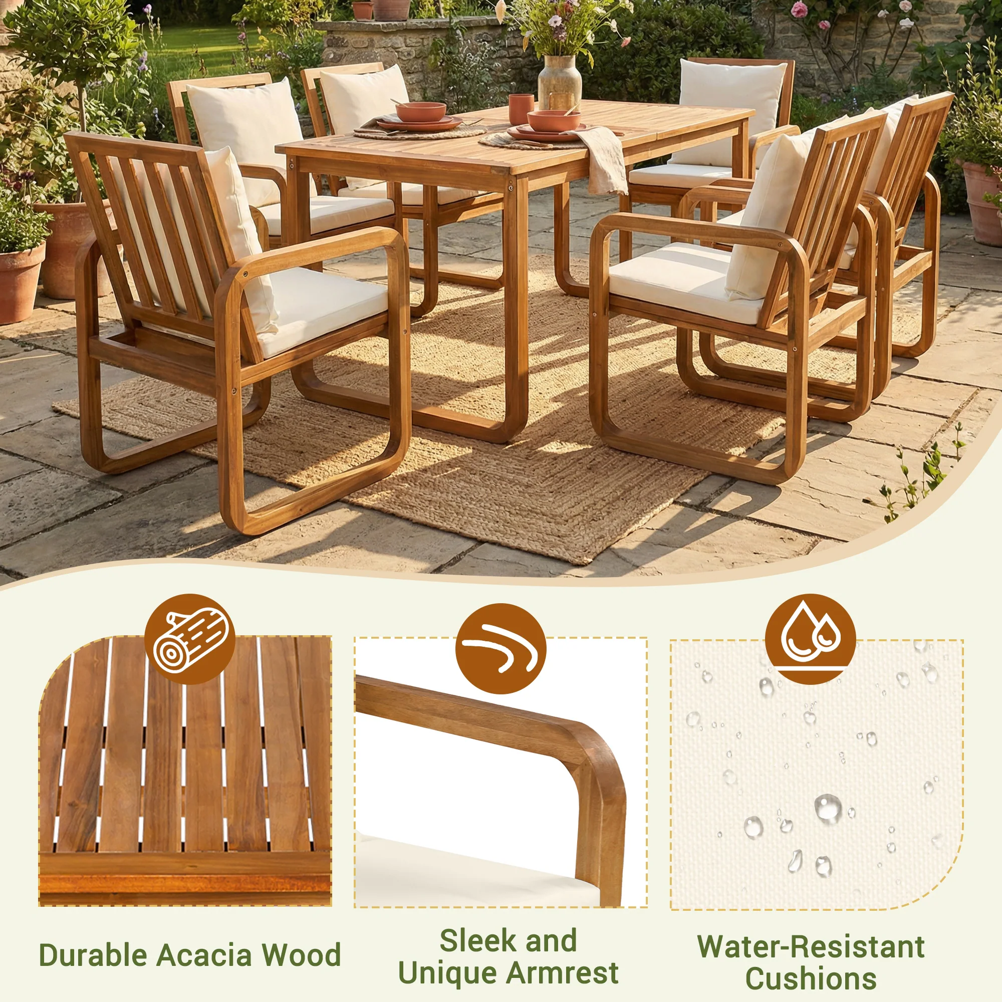 7-Piece Acacia Wood Outdoor Dining Set with Water-Resistant Cushions by Leisure Zone - Image 11