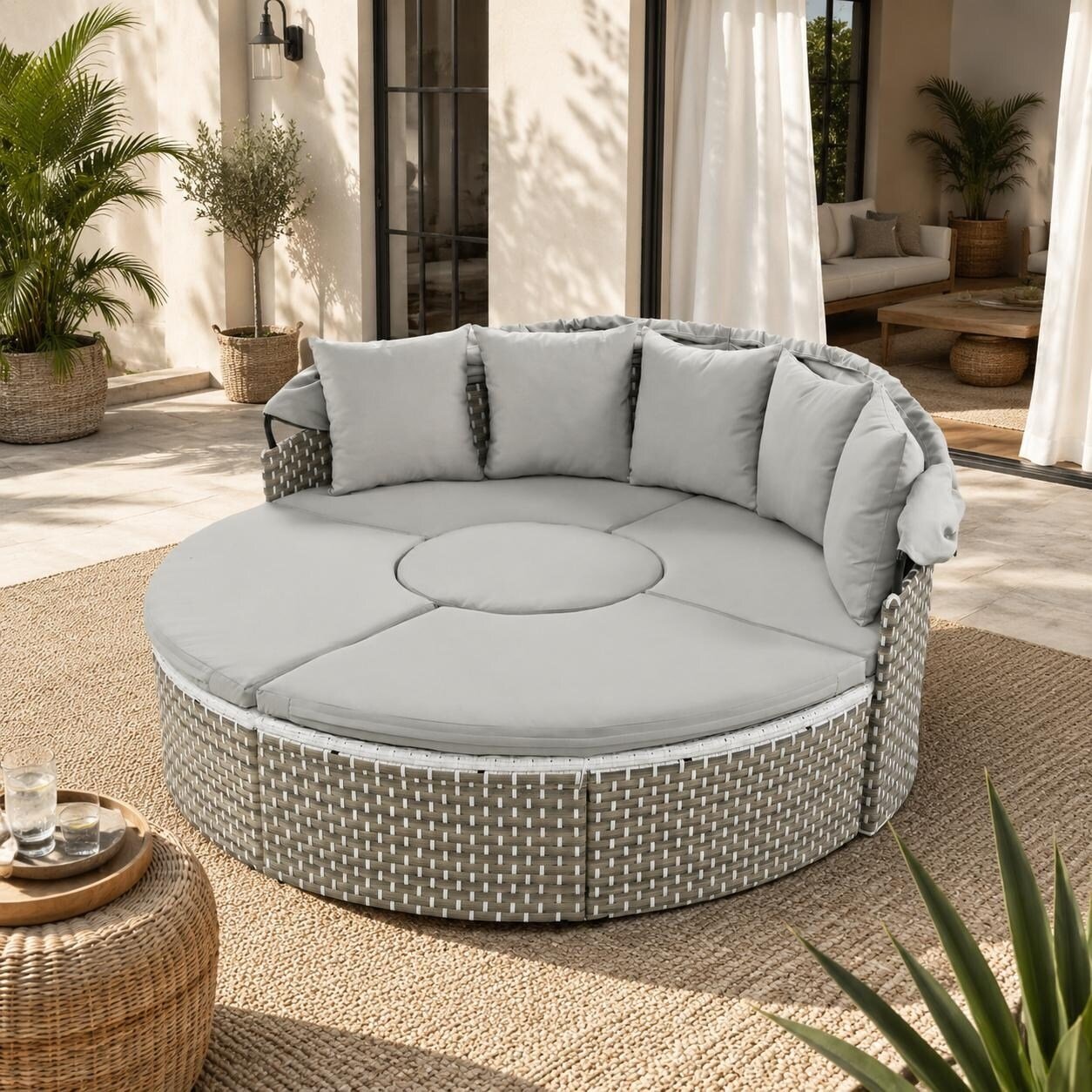 Patio Furniture Round Outdoor Sectional Sofa Set with Retractable Canopy by Leisure Zone - Image 15