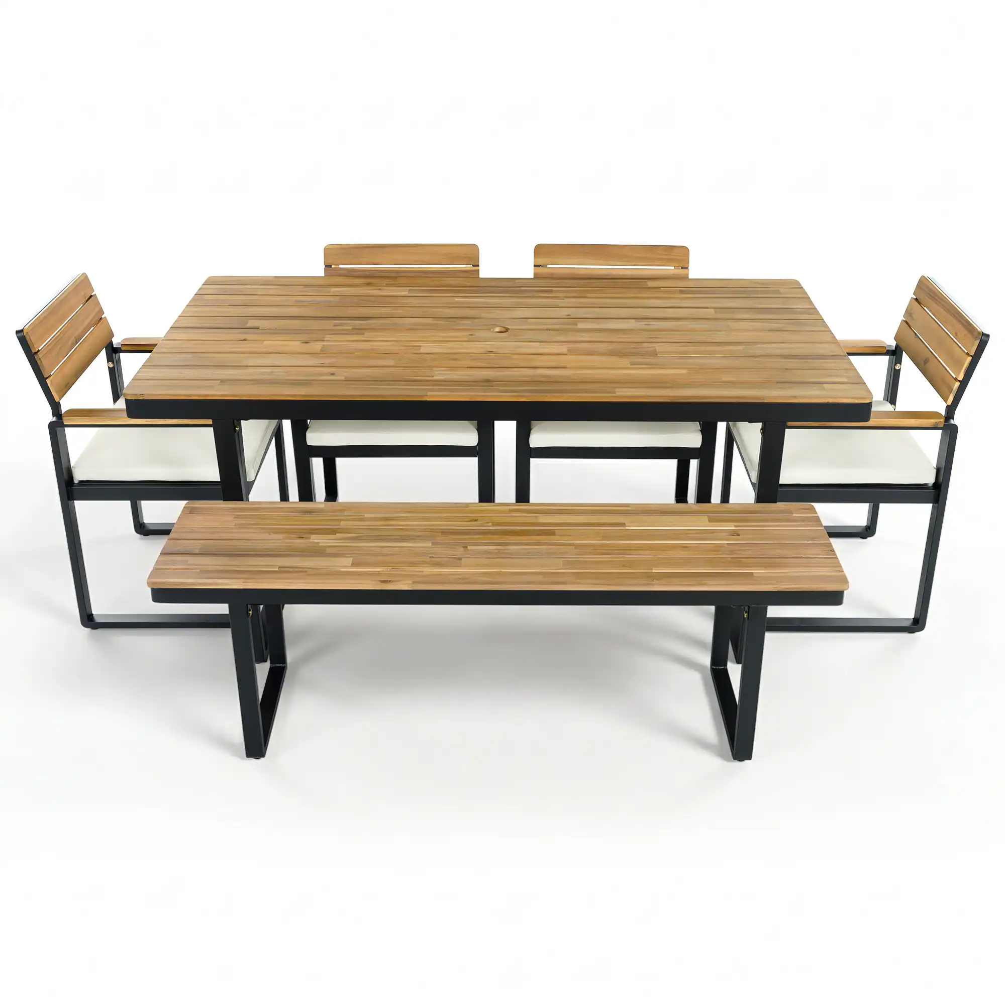 Acacia Wood & Steel Patio Dining Set with Cushioned Chairs & Bench by Leisure Zone - Image 5