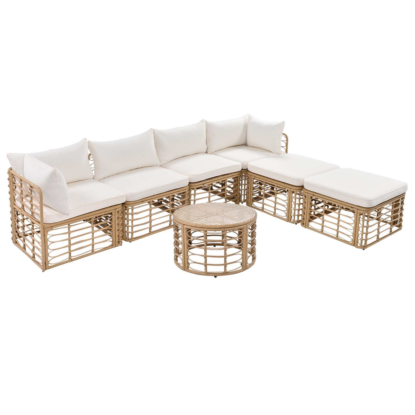 7-Piece Modular All-Weather Rattan Sectional Set with Round Woven Coffee Table by Leisure Zone - Image 7