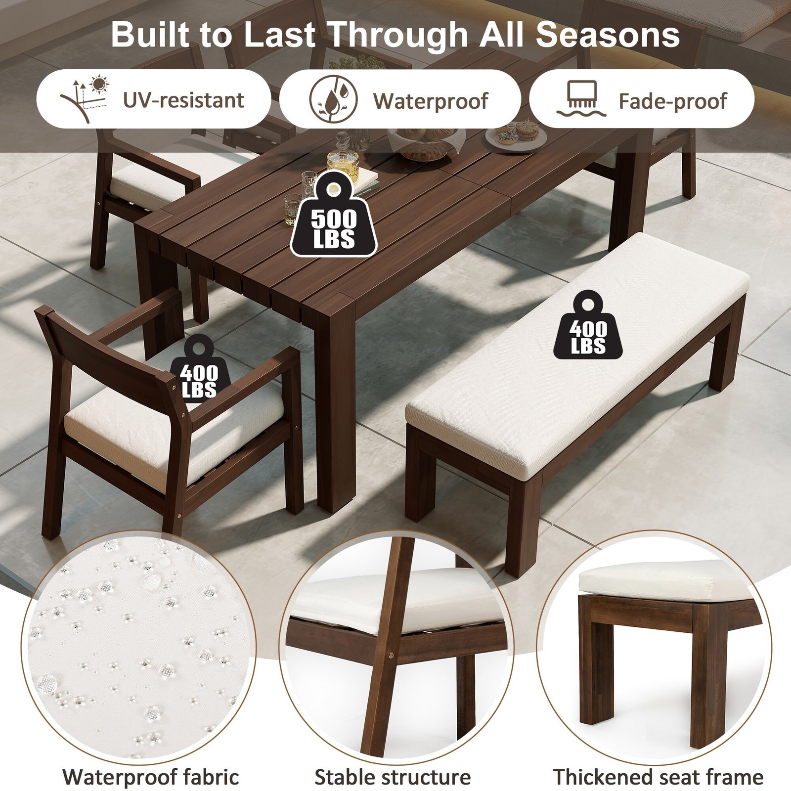 6-Person Patio Dining Set with Umbrella-Ready Table, Cushioned Bench & Four Armchairs by Leisure Zone - Image 20