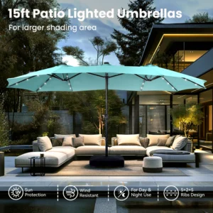15ft Double Patio Umbrella w/Base, LED, Waterproof