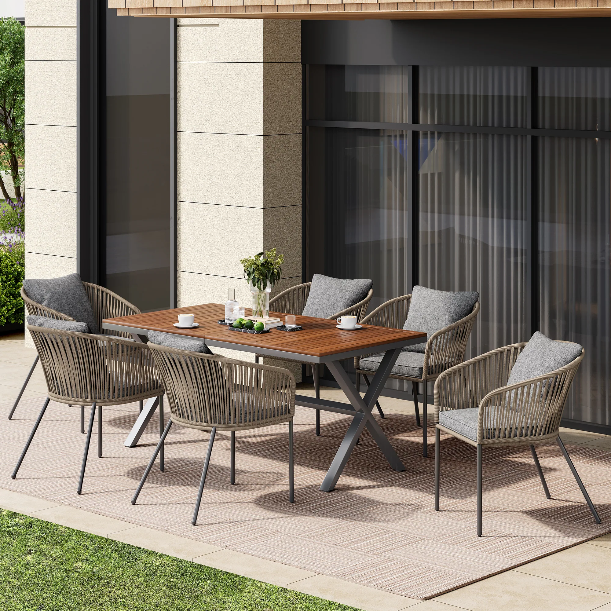 7-Piece Patio Dining Set with Acacia Wood Table and Ergonomically Designed Chairs by Leisure Zone - Image 2