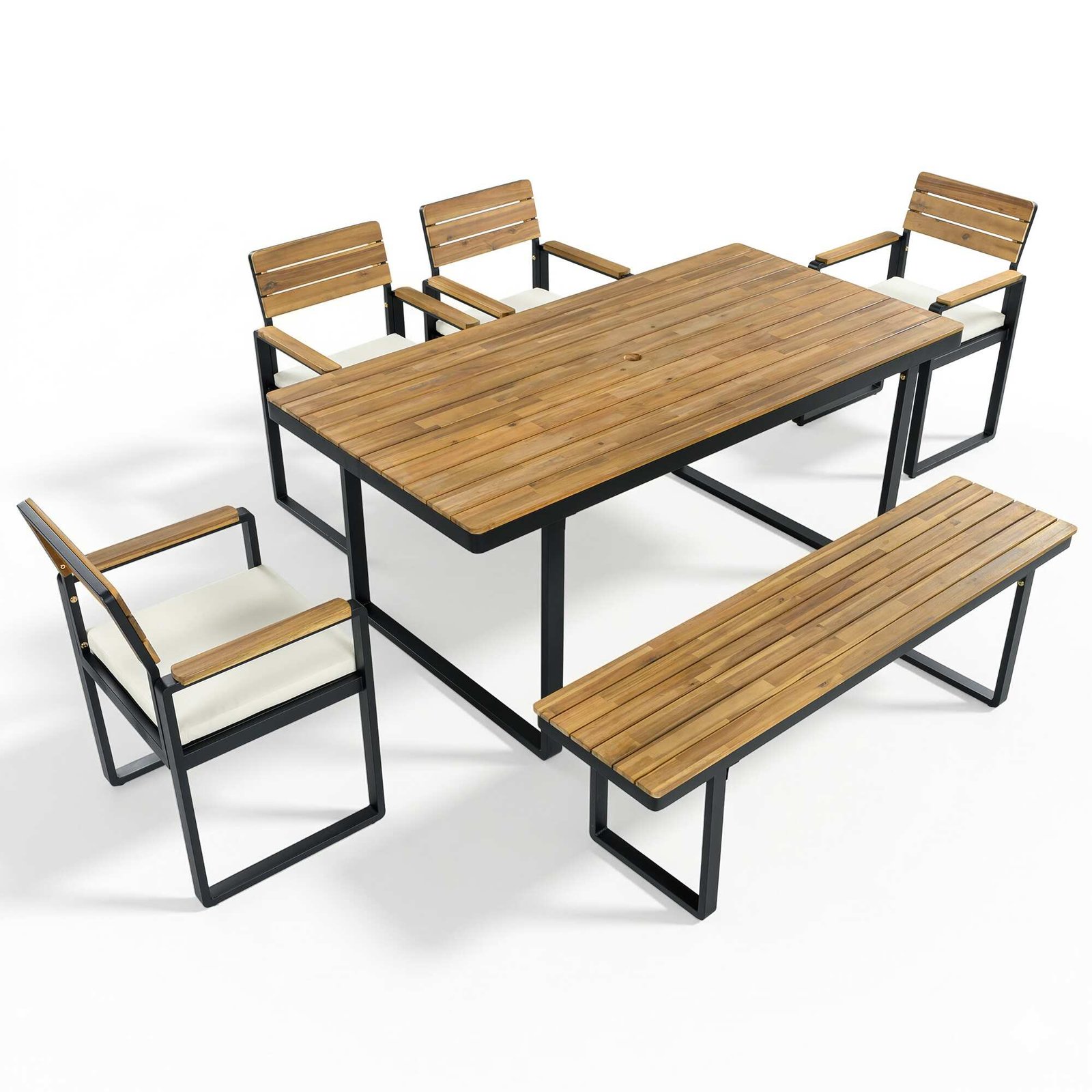 Acacia Wood & Steel Patio Dining Set with Cushioned Chairs & Bench by Leisure Zone - Image 4