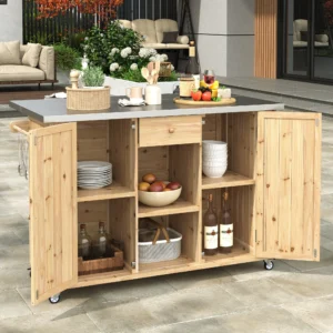 Outdoor Kitchen Island with Foldable Stainless Steel Countertop & Storage by Leisure Zone