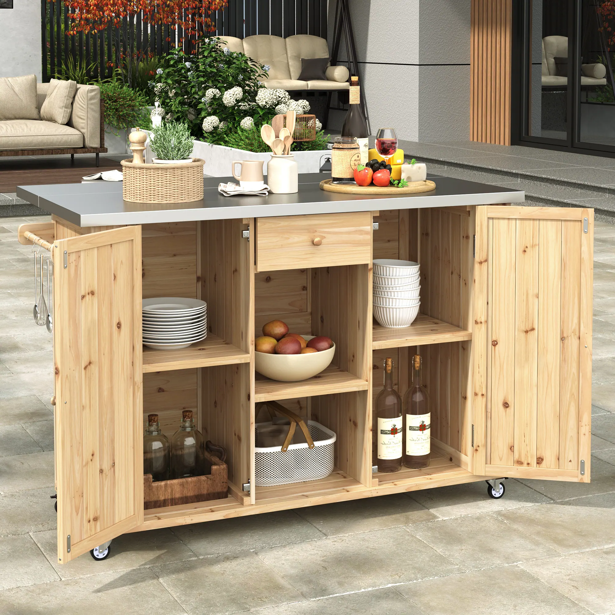 Outdoor Kitchen Island with Foldable Stainless Steel Countertop & Storage by Leisure Zone