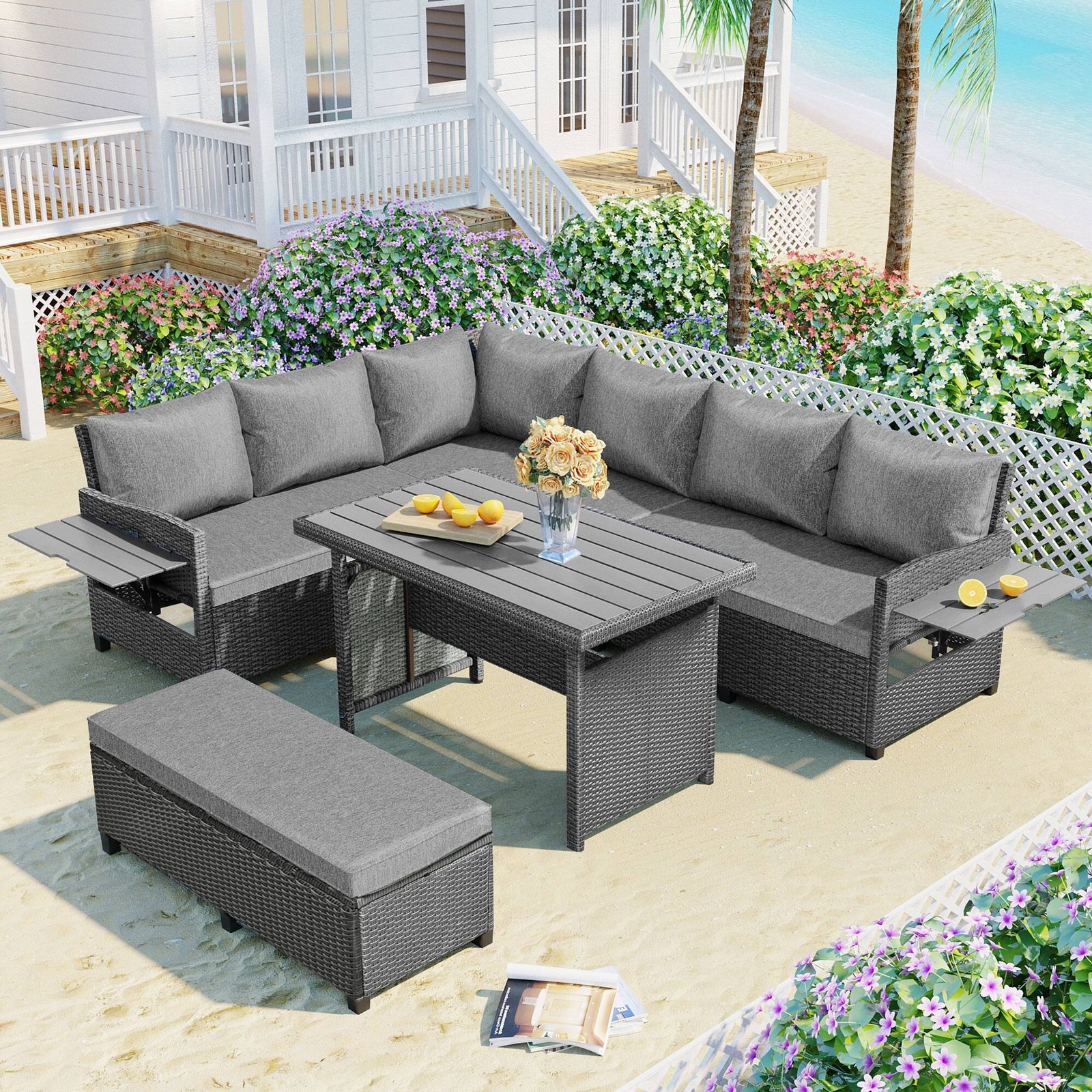 5-Piece L-Shaped Garden Furniture with Extendable Side Tables & Dining Table by Leisure Zone