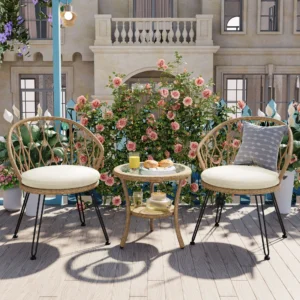 Stylish 3-Piece Outdoor Rattan Chair & Glass Table Set with Cushions by Leisure Zone
