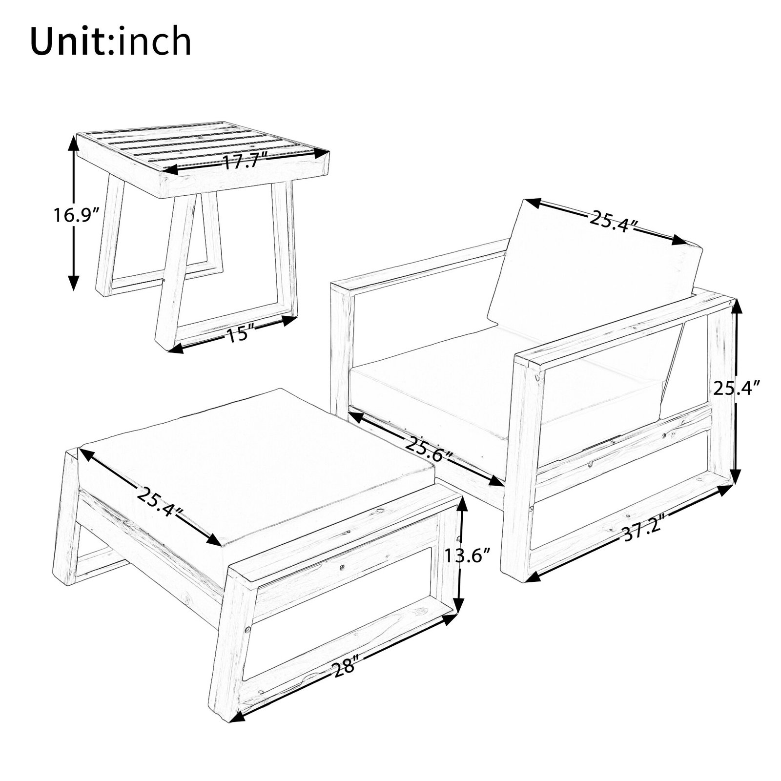 3-Piece Acacia Wood Outdoor Lounge Set with Ottoman and Side Table by Leisure Zone - Image 8