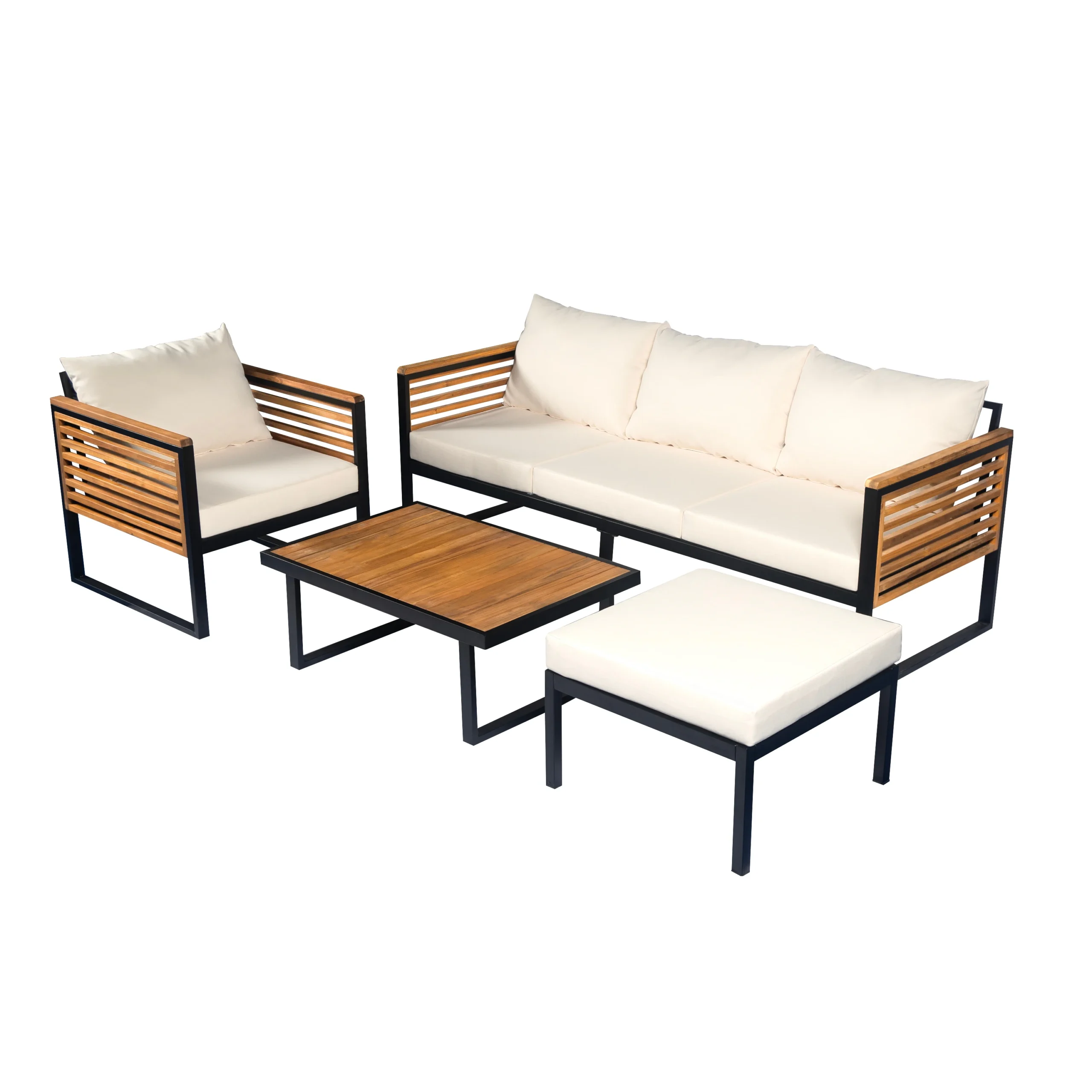 Acacia Wood & Metal Outdoor Sofa Set with High Back Cushions, Ottoman & Coffee Table by Leisure Zone - Image 21