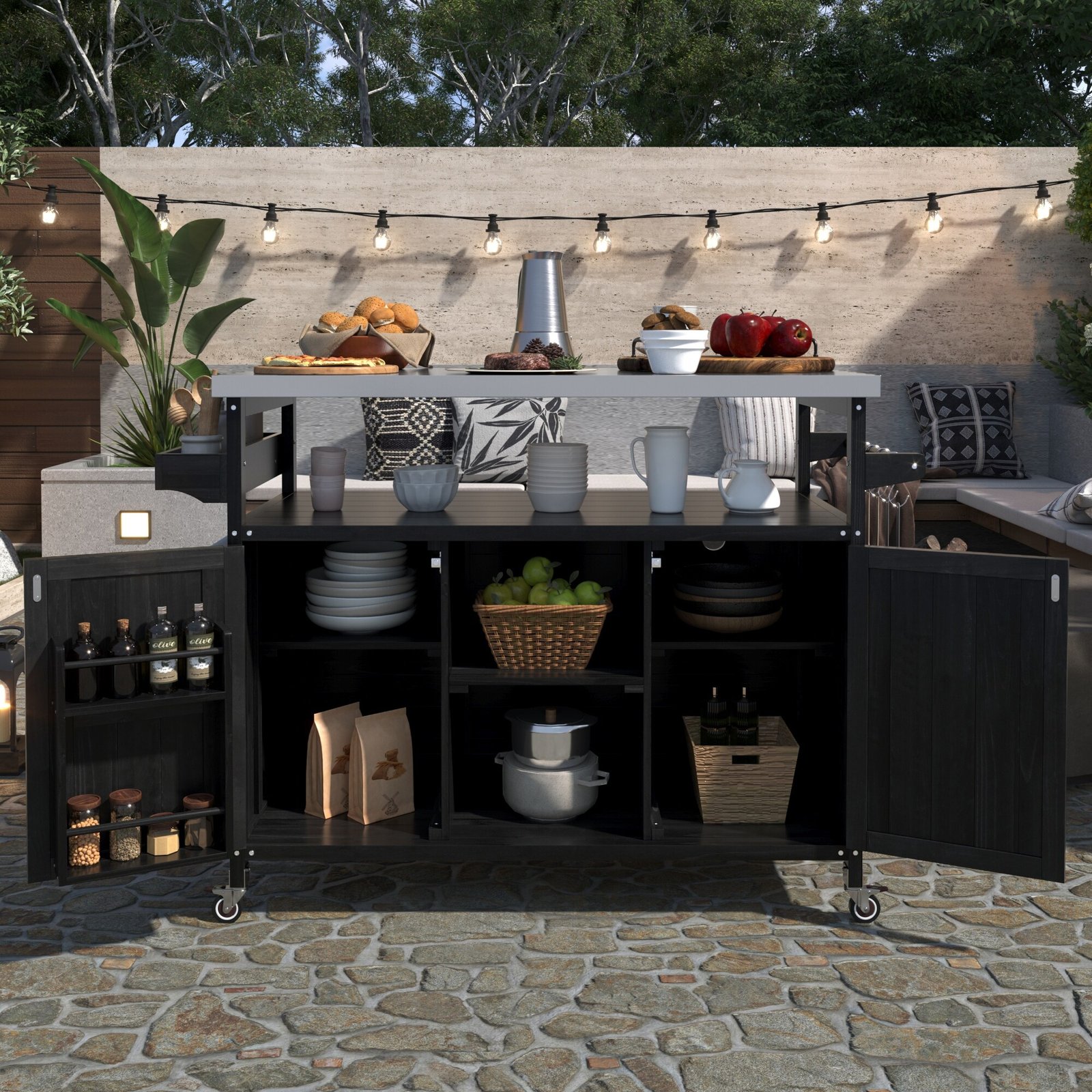Farmhouse Solid Wood Outdoor Kitchen Island with Rolling Bar Cart & Storage Cabinet by Leisure Zone - Image 4