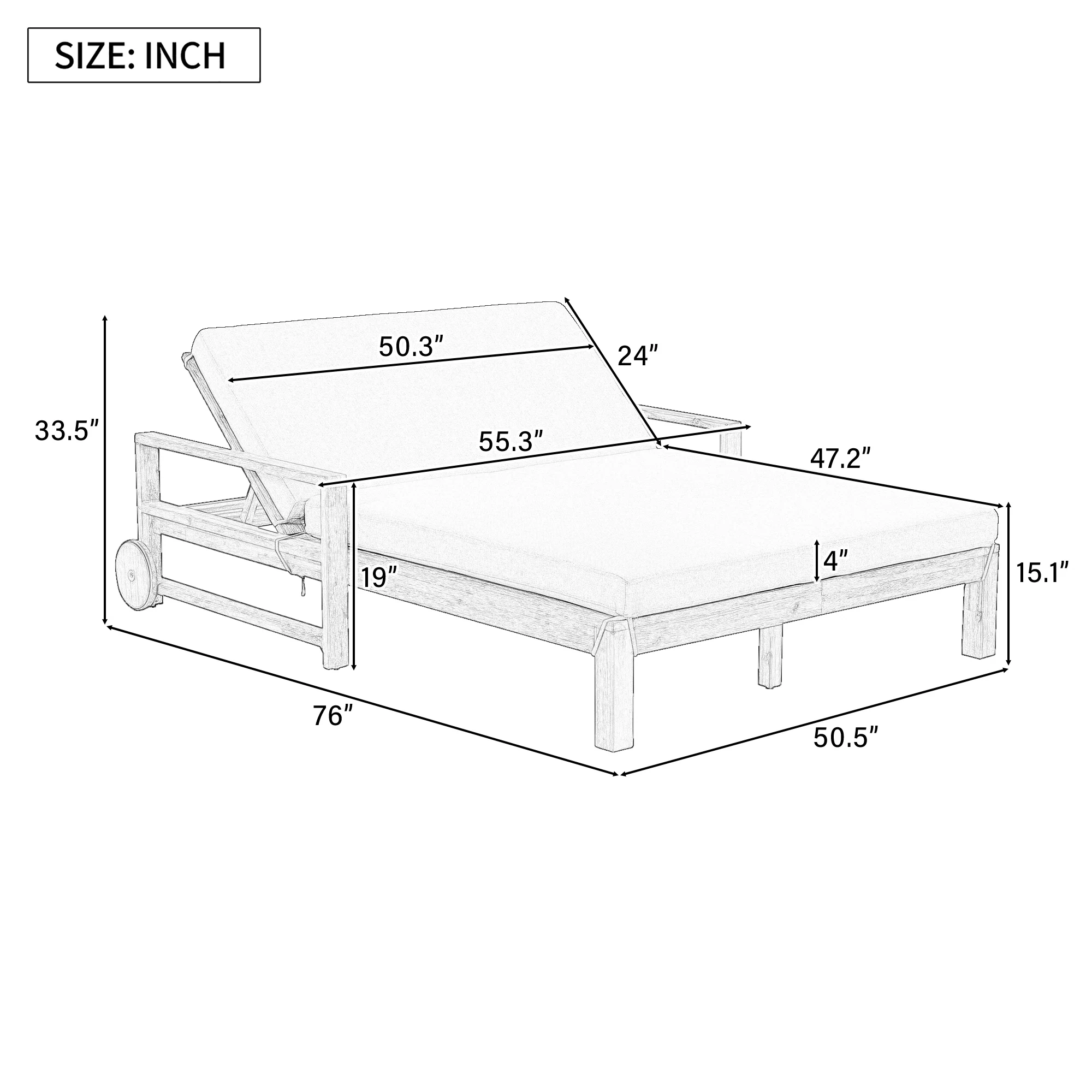 Farmhouse Acacia Wood Double Outdoor Sunbed with Adjustable Backrest by Leisure Zone - Image 13