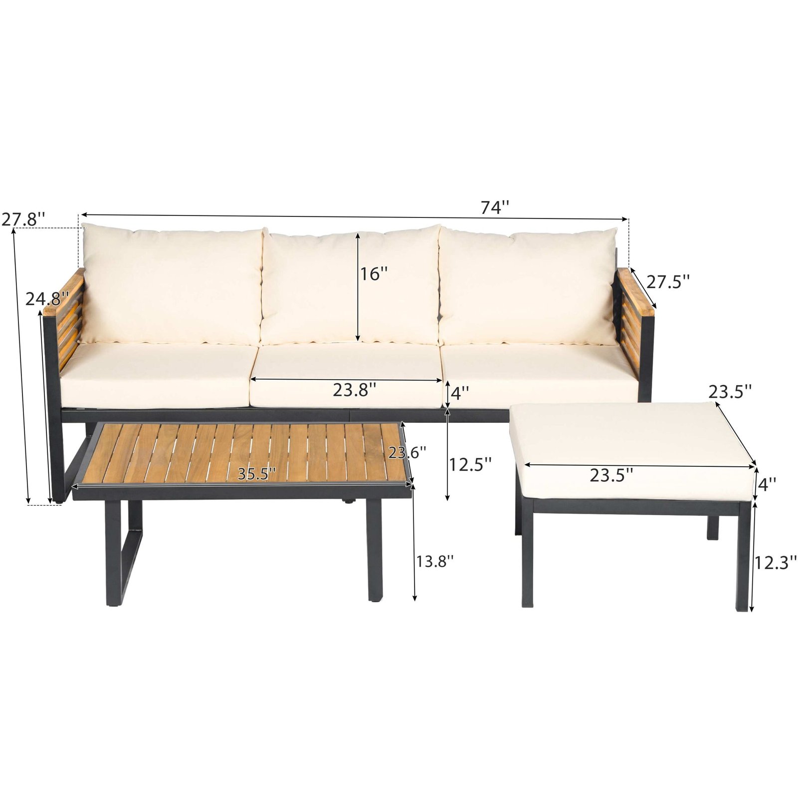 Acacia Wood & Metal Outdoor Sofa Set with High Back Cushions, Ottoman & Coffee Table by Leisure Zone - Image 13