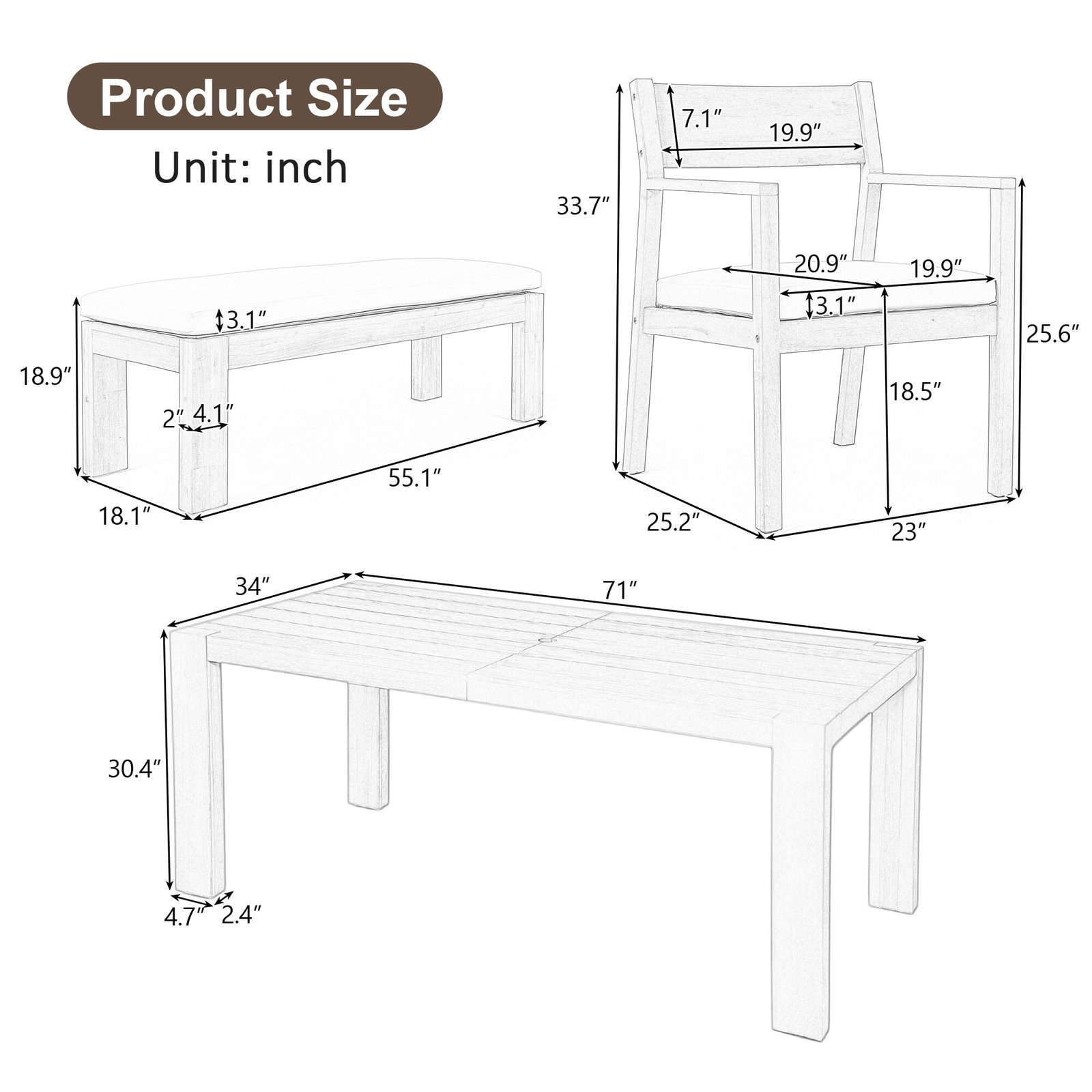 6-Person Patio Dining Set with Umbrella-Ready Table, Cushioned Bench & Four Armchairs by Leisure Zone - Image 24