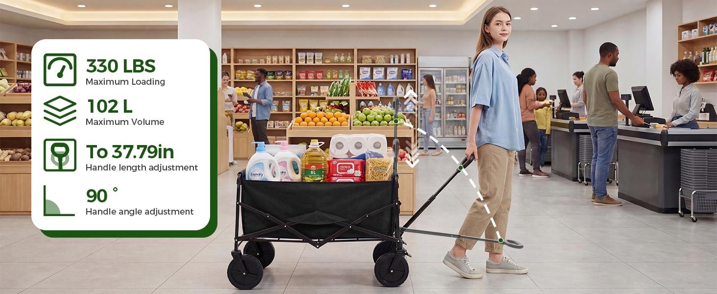 Sweetcrispy Collapsible Folding Wagon Push Cart - Oxford Cloth Quick-Fold Utility Trolley, 102L Large Capacity, 330 lbs Load Capacity, Wheels, Adjustable Handle, for Outdoor Camping, Beach Outings - Image 14