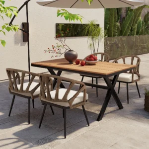 Modern Outdoor Dining Set with PE Rattan Chairs and Plastic Wood Tabletop by Leisure Zone