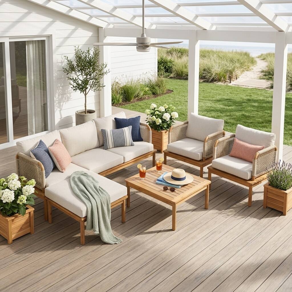 Acacia Wood Patio Sofa Set with Handwoven Rope Arms by Leisure Zone - Image 4
