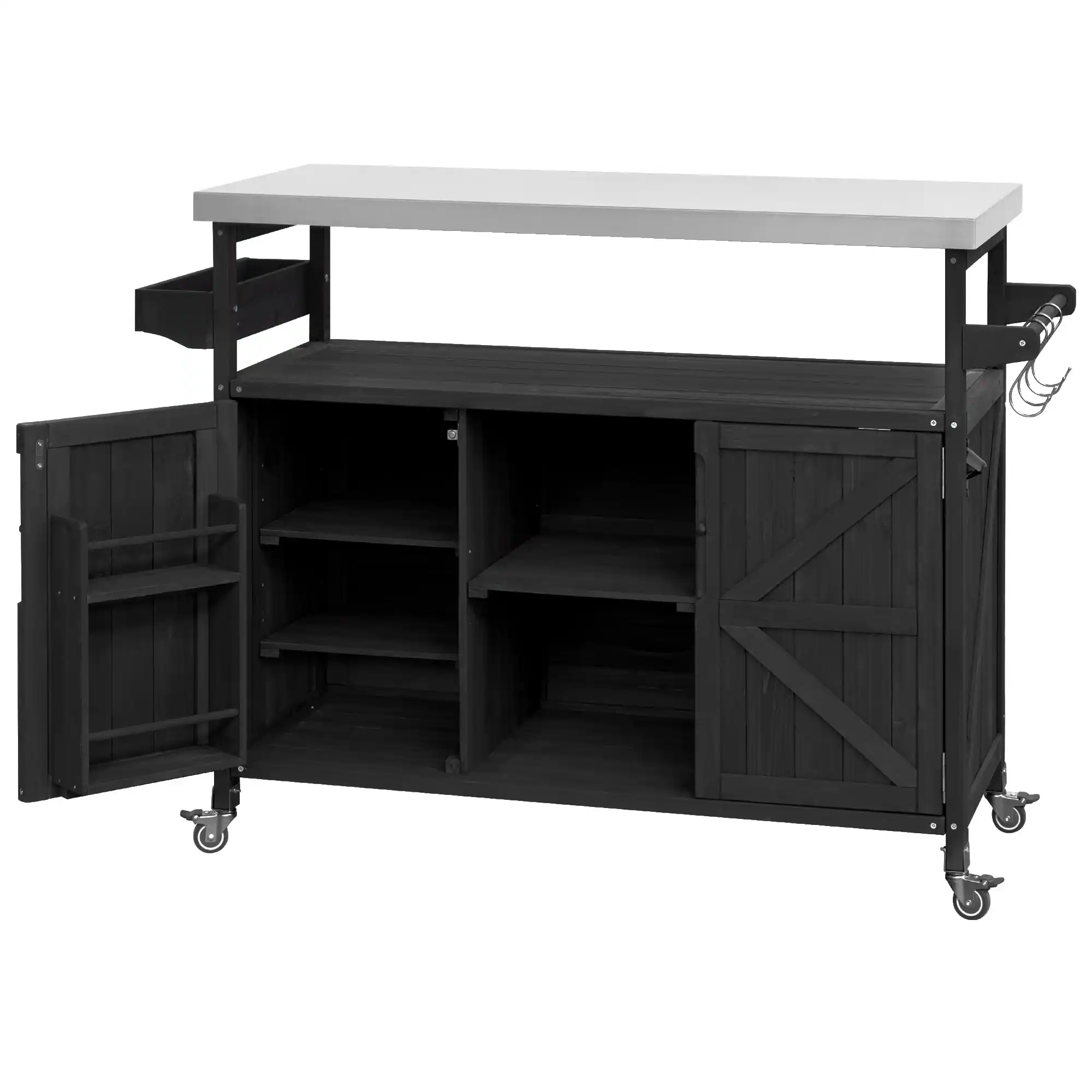 Farmhouse Solid Wood Outdoor Kitchen Island with Rolling Bar Cart & Storage Cabinet by Leisure Zone - Image 6
