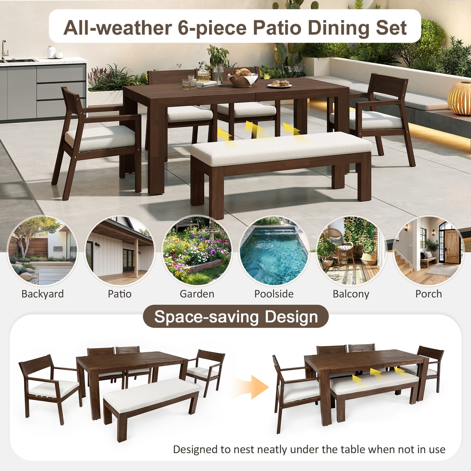 6-Person Patio Dining Set with Umbrella-Ready Table, Cushioned Bench & Four Armchairs by Leisure Zone - Image 22