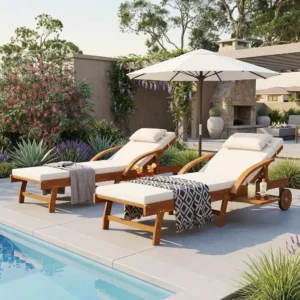 Acacia Patio Chaise Lounge Chair Set with Hidden Tray & Rolling Wheels by Leisure Zone