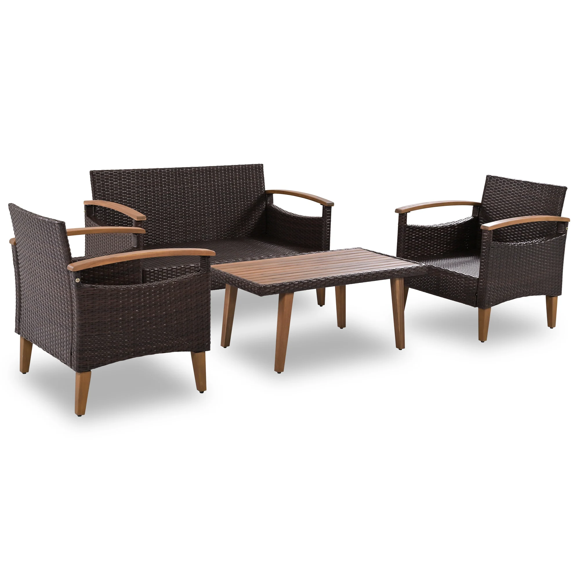4-Piece PE Rattan Outdoor Sofa Set with Acacia Wood Table by Leisure Zone - Image 6
