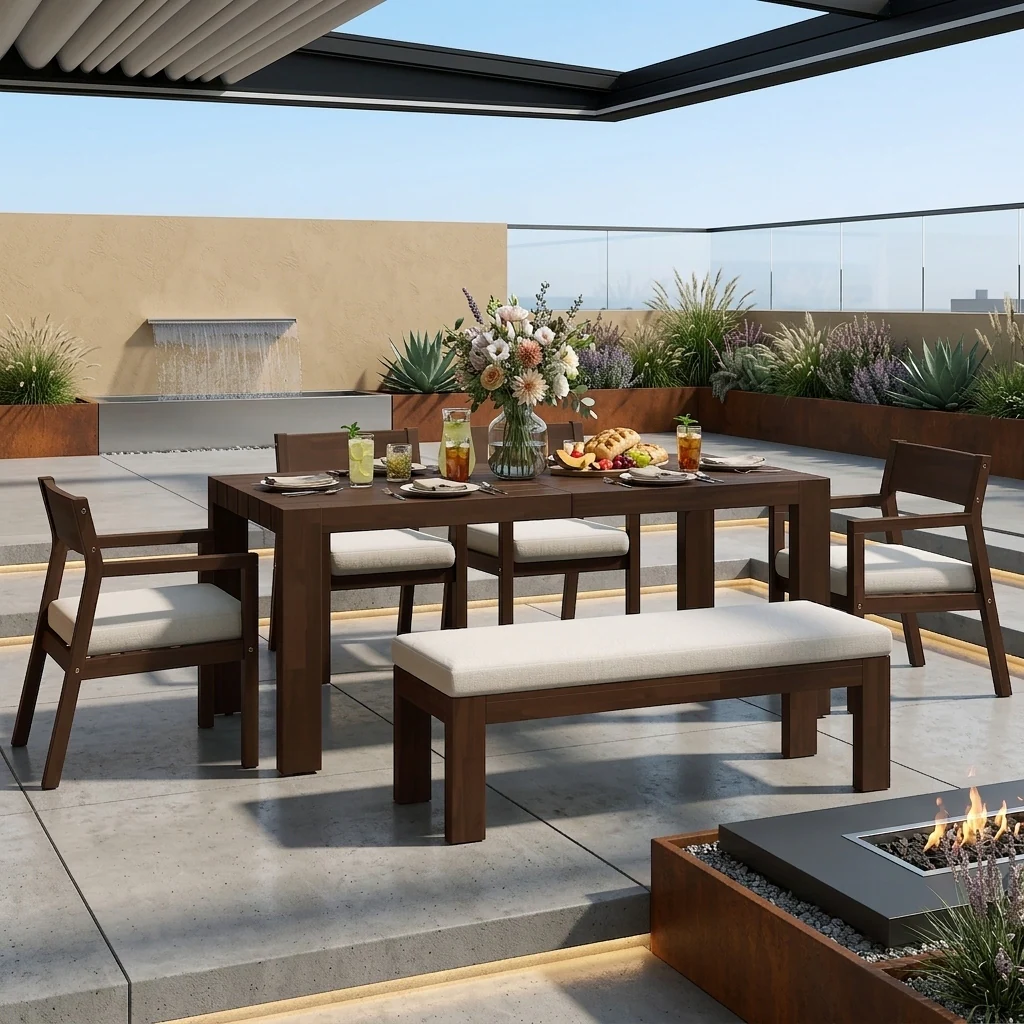 6-Person Patio Dining Set with Umbrella-Ready Table, Cushioned Bench & Four Armchairs by Leisure Zone - Image 13