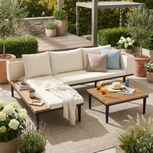 L-Shaped Acacia Wood Outdoor Sectional Sofa Set with Slatted Side Tables by Leisure Zone