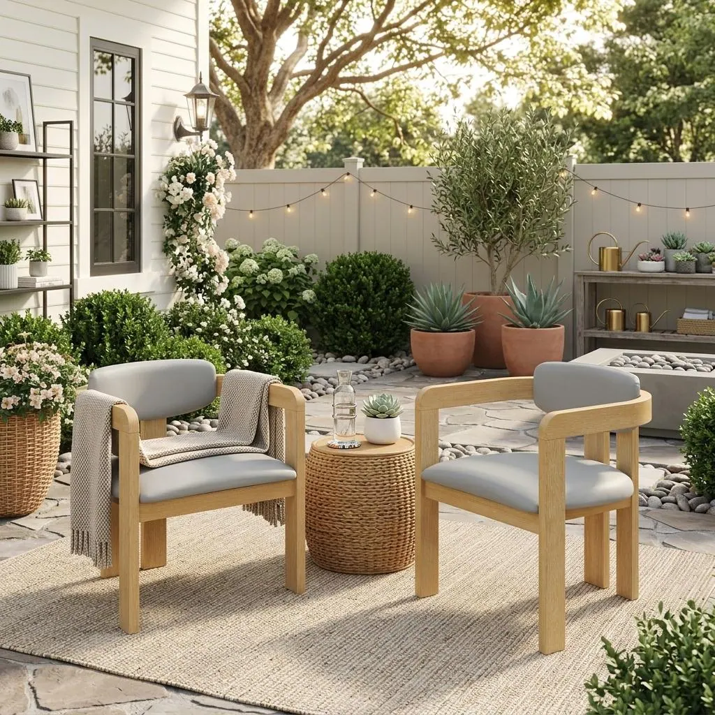 Set of 2 Outdoor Acacia Barrel Dining Chairs with Cushioned Wraparound Back by Leisure Zone