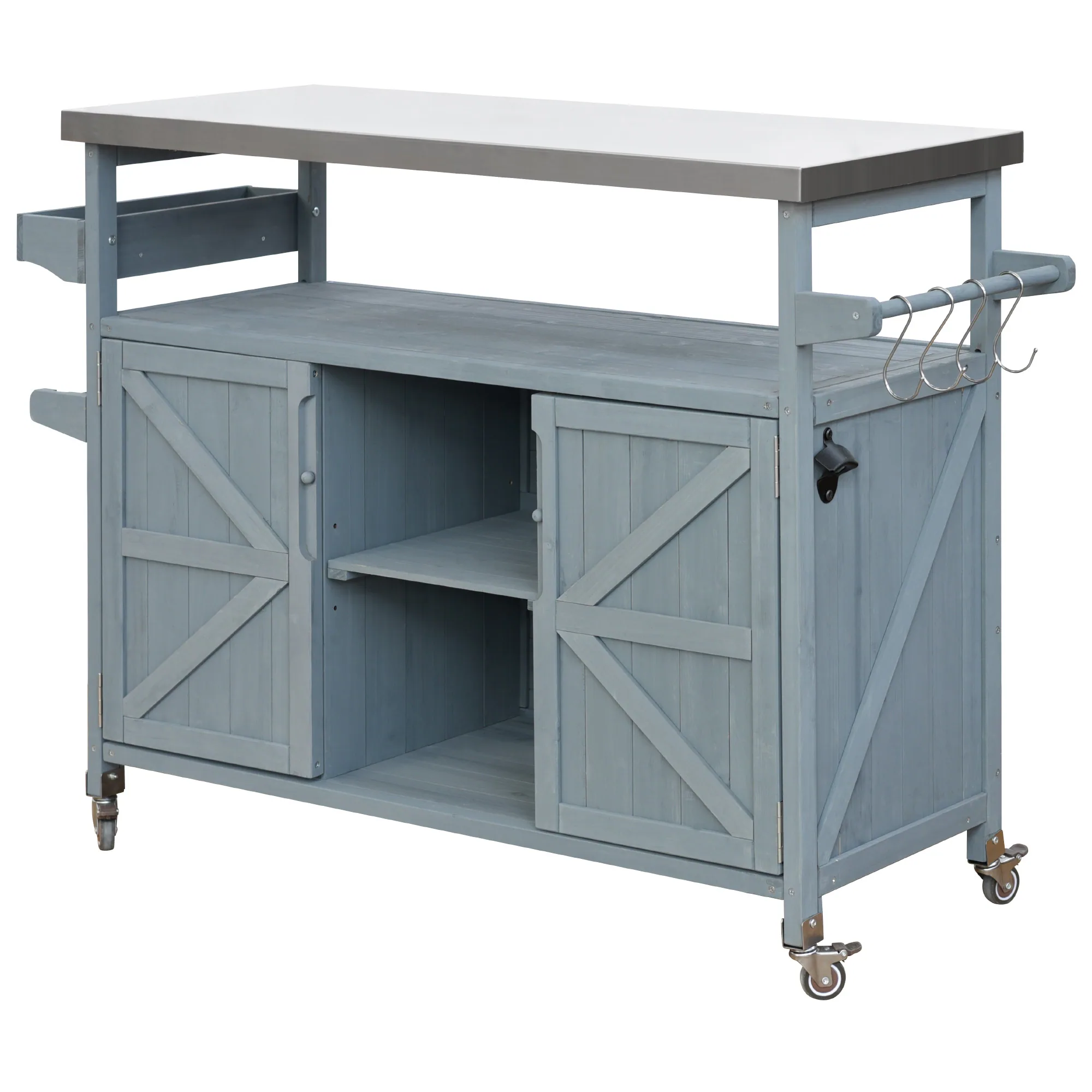 Farmhouse Solid Wood Outdoor Kitchen Island with Rolling Bar Cart & Storage Cabinet by Leisure Zone - Image 19