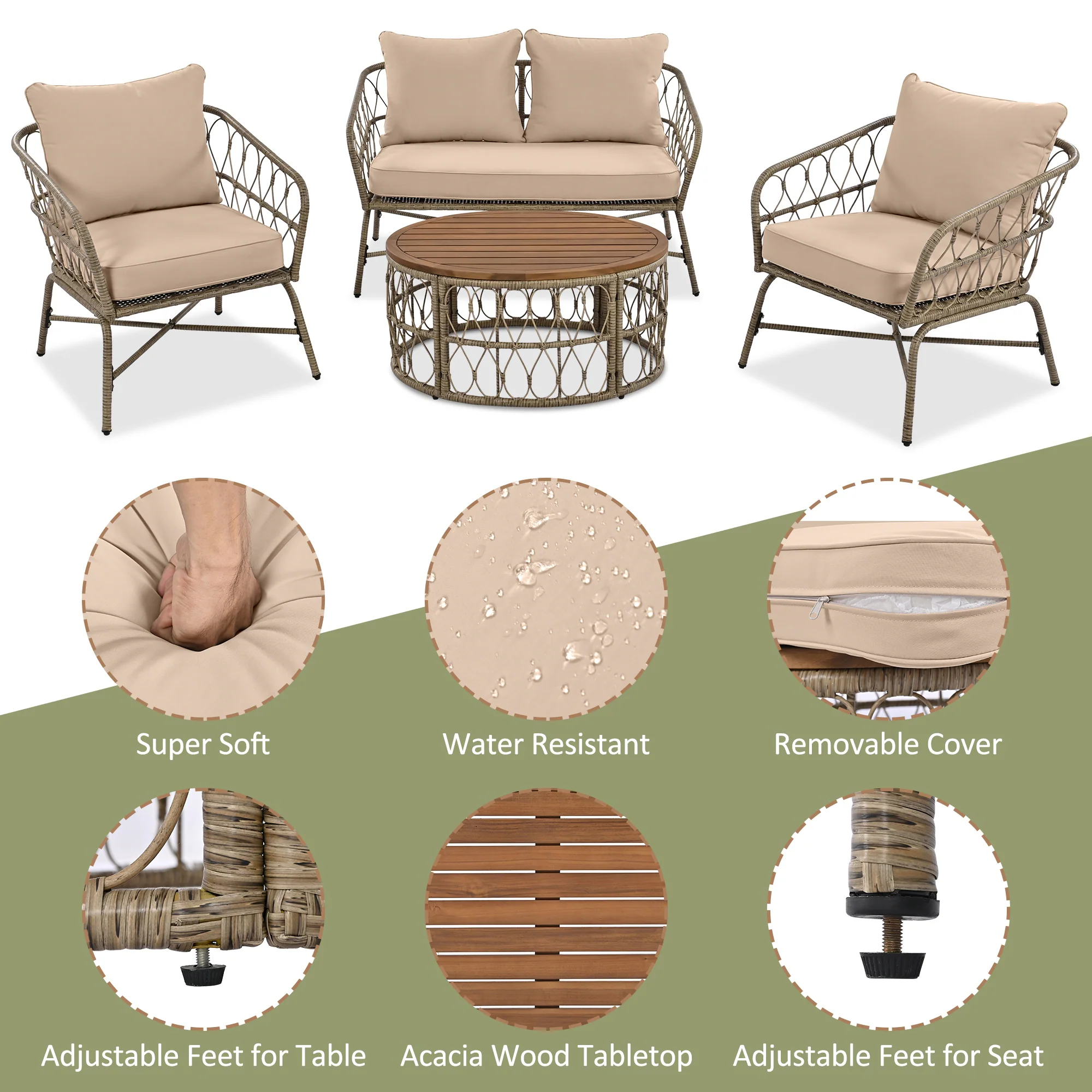 Stylish and Comfortable 4-Person Outdoor Seating Group with Coffee Table by Leisure Zone - Beige - Image 6