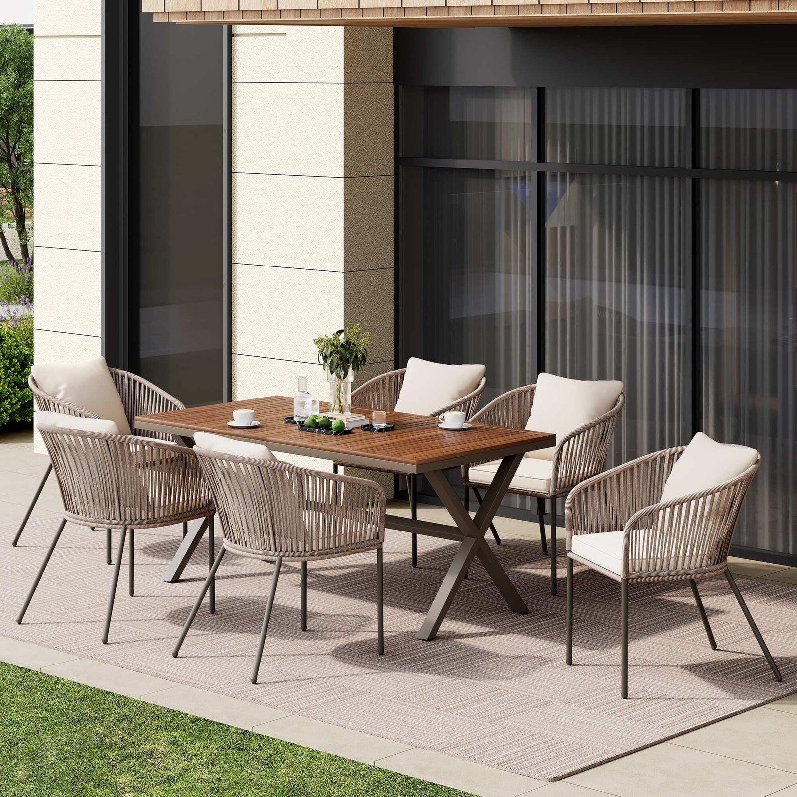7-Piece Patio Dining Set with Acacia Wood Table and Ergonomically Designed Chairs by Leisure Zone - Image 3