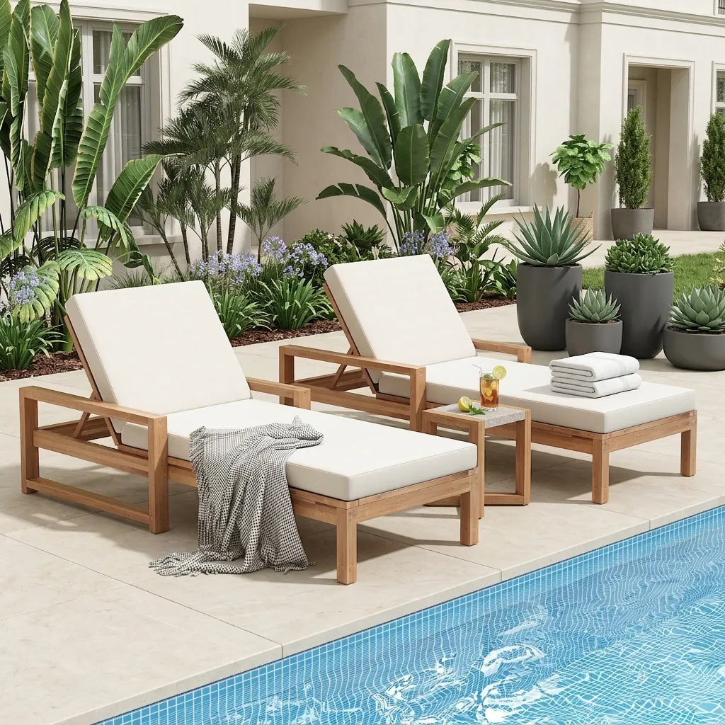 Acacia Wood 5-Position Outdoor Chaise Lounge Chairs Set of 2 by Leisure Zone - Image 2