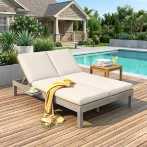 Elegant 5-Position Adjustable Double Chaise Lounge with Side Table by Leisure Zone