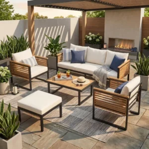 Acacia Wood & Metal Outdoor Sofa Set with High Back Cushions, Ottoman & Coffee Table by Leisure Zone