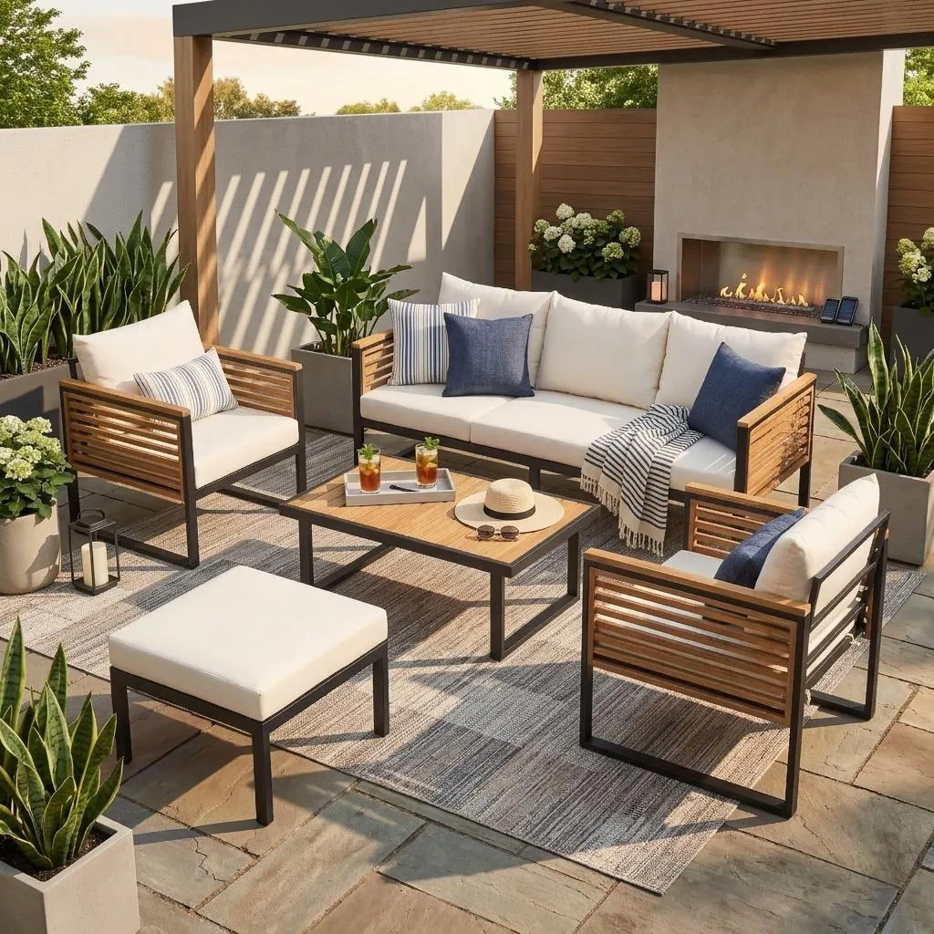Acacia Wood & Metal Outdoor Sofa Set with High Back Cushions, Ottoman & Coffee Table by Leisure Zone