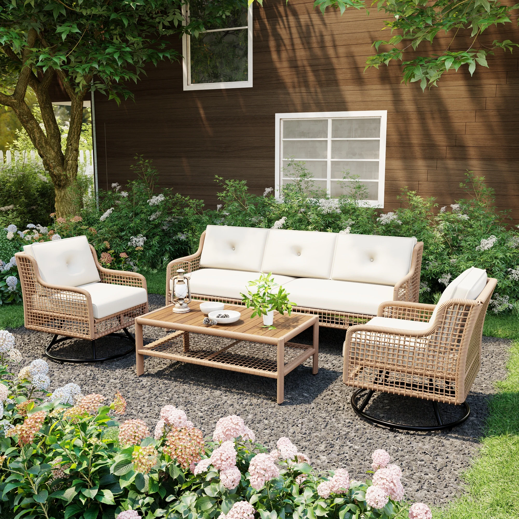 Leisure Zone 4-Piece Outdoor Patio Set with 360° Swivel Lounge Chairs
