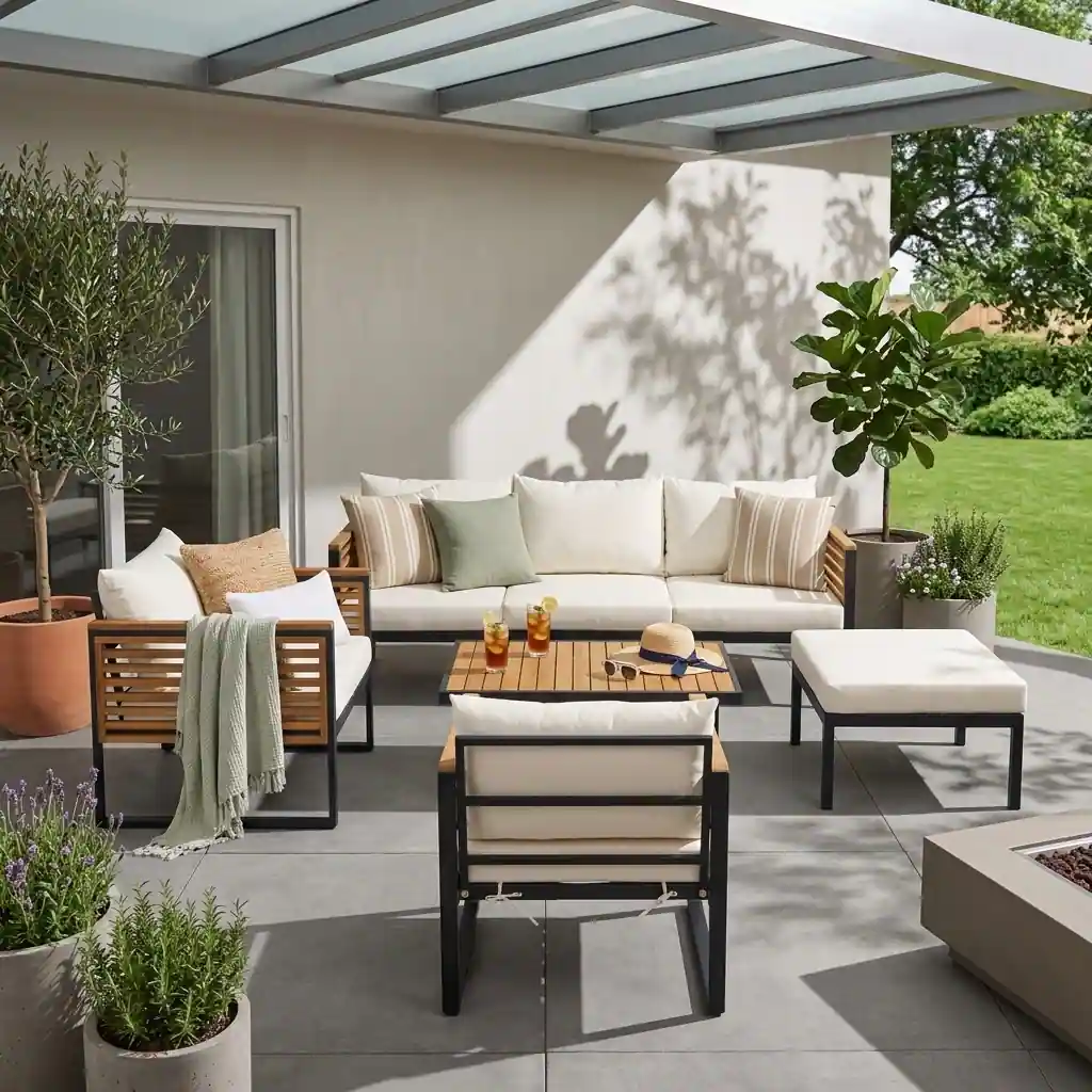 Acacia Wood & Metal Outdoor Sofa Set with High Back Cushions, Ottoman & Coffee Table by Leisure Zone - Image 2