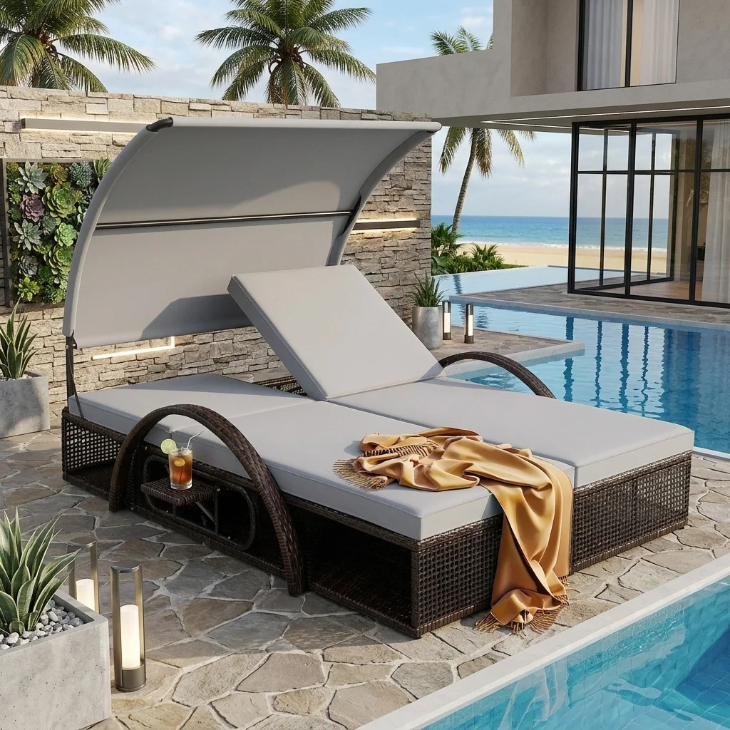 Double Outdoor Sun Lounger with Adjustable Backrest & Hidden Side Table by Leisure Zone - Image 3