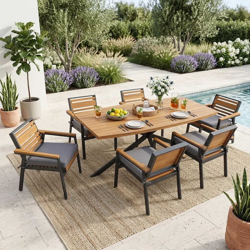 7-Piece Acacia Wood Patio Dining Set with X-Base Table & Cushioned Chairs by Leisure Zone - Image 2