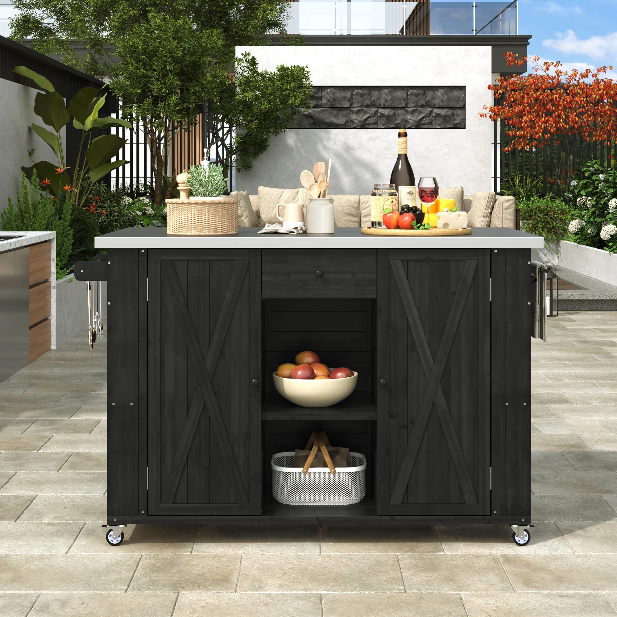 Outdoor Kitchen Island with Foldable Stainless Steel Countertop & Storage by Leisure Zone - Image 20