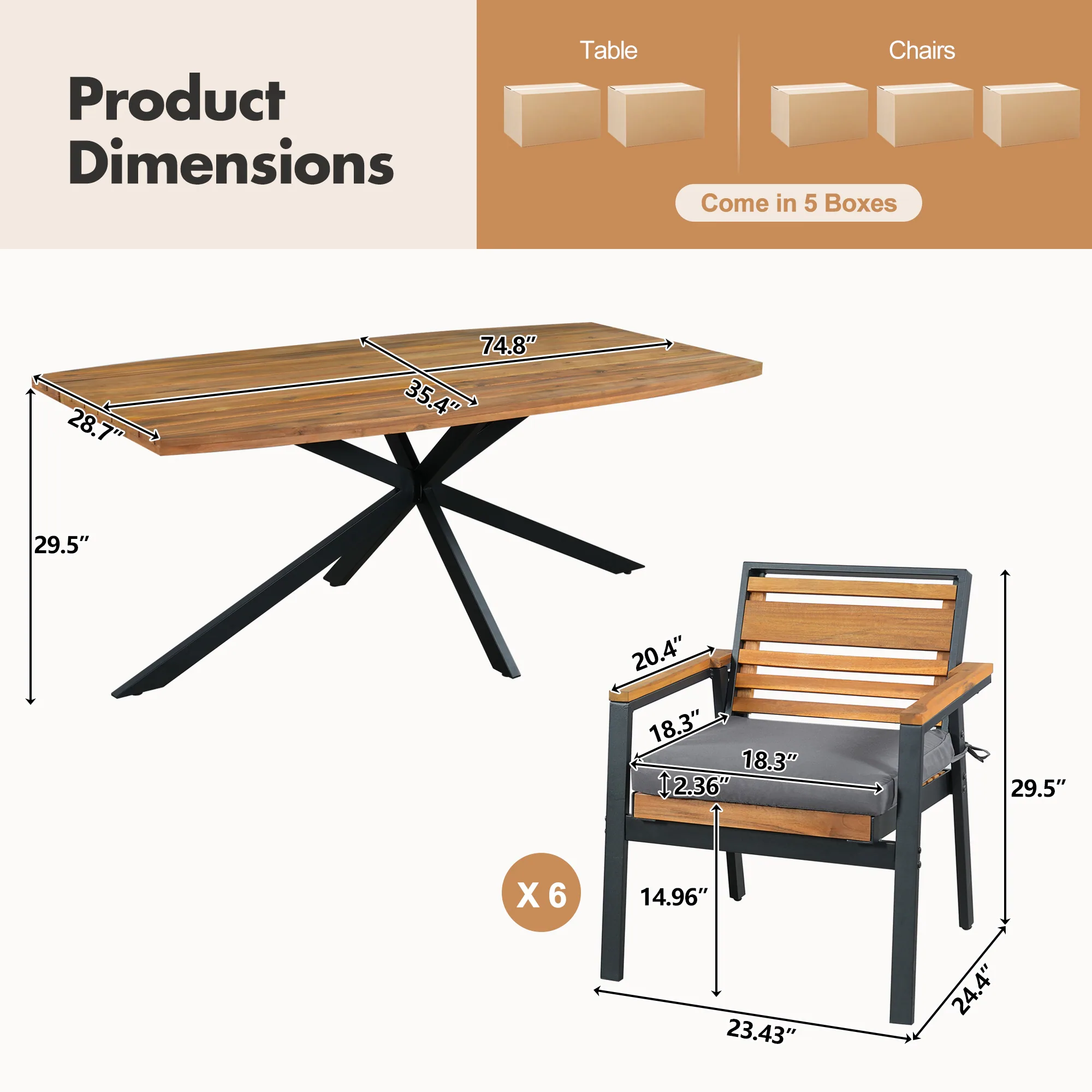 7-Piece Acacia Wood Patio Dining Set with X-Base Table & Cushioned Chairs by Leisure Zone - Image 22