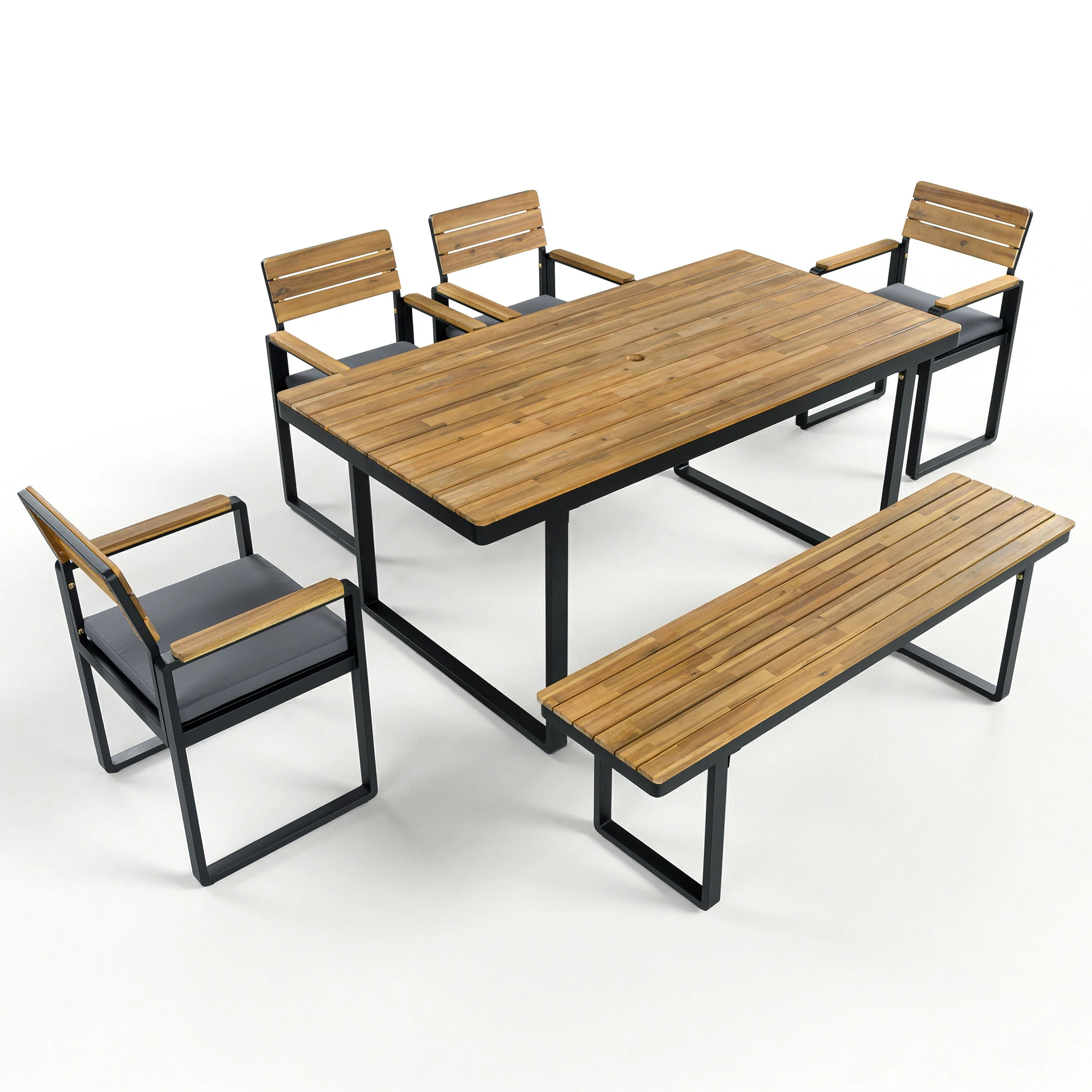 Acacia Wood & Steel Patio Dining Set with Cushioned Chairs & Bench by Leisure Zone - Image 13