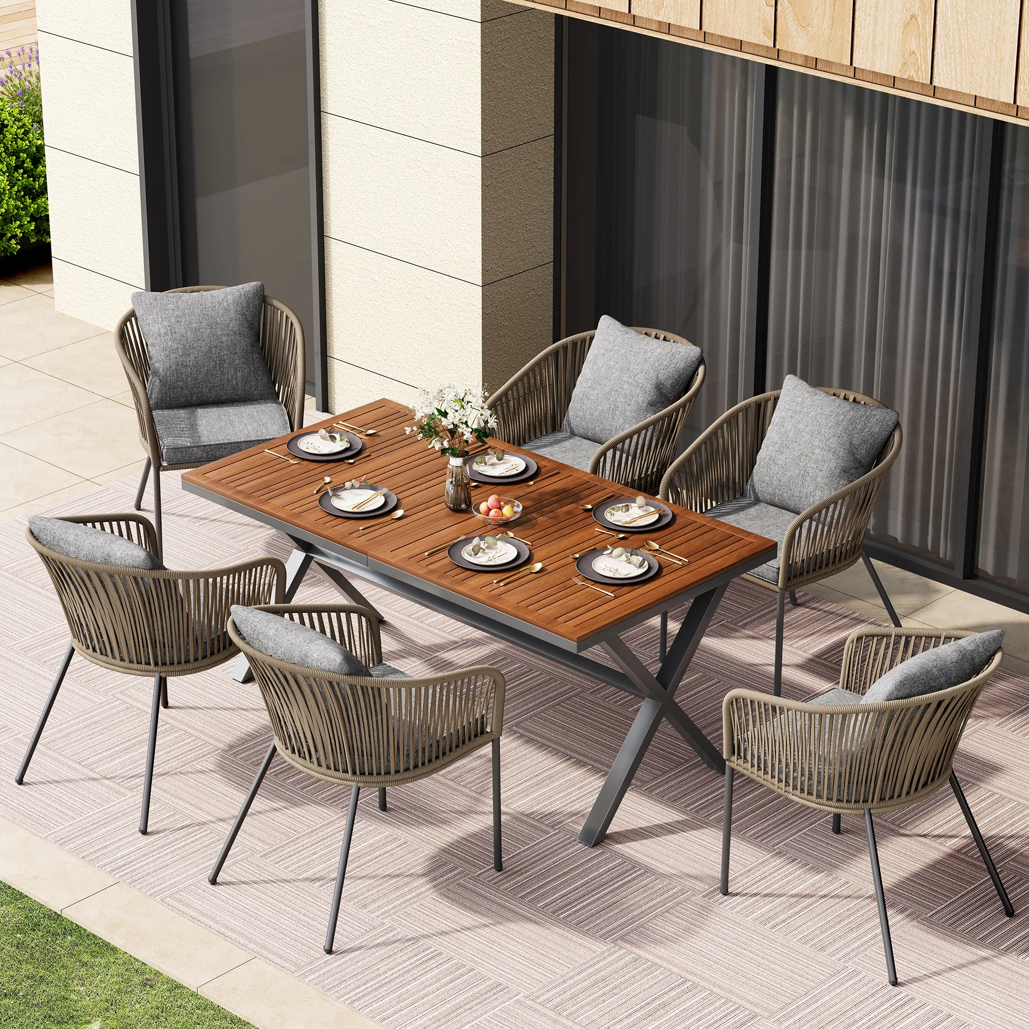 7-Piece Patio Dining Set with Acacia Wood Table and Ergonomically Designed Chairs by Leisure Zone - Image 12