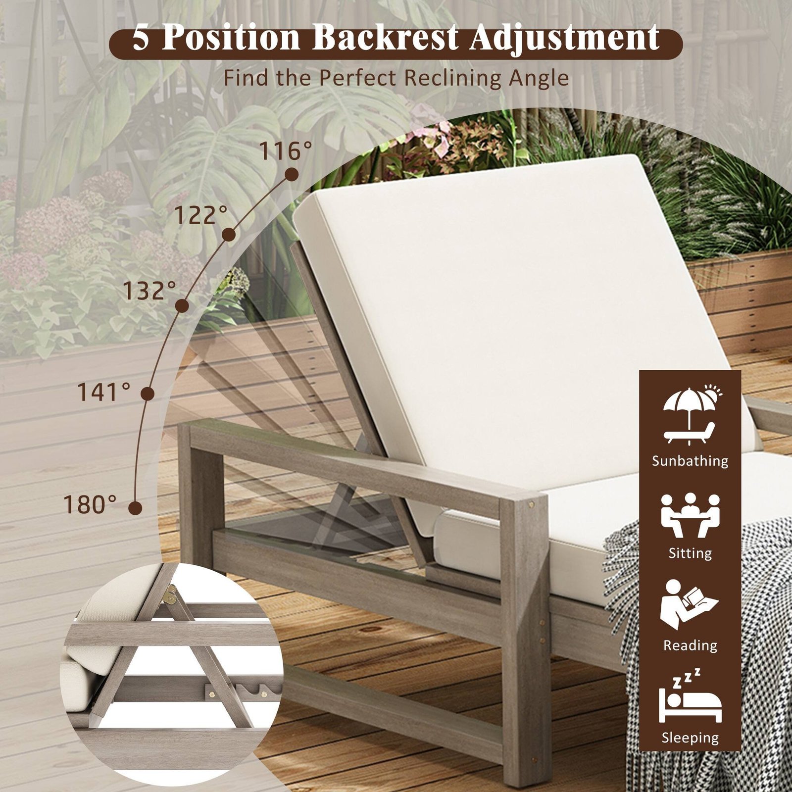 Acacia Wood 5-Position Outdoor Chaise Lounge Chairs Set of 2 by Leisure Zone - Image 18