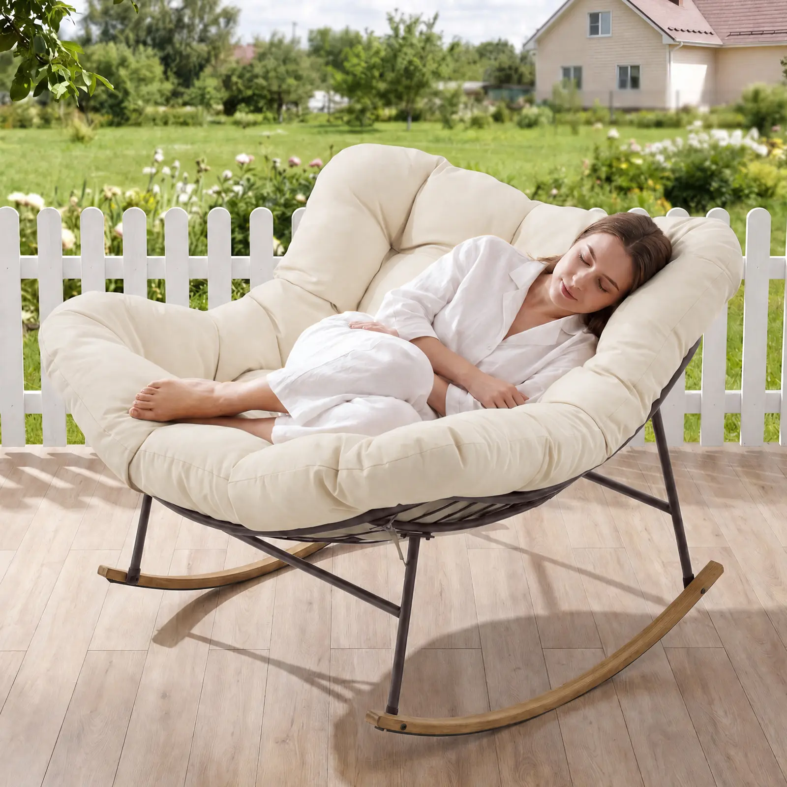 Oversized Blue Papasan Rocking Chair with Cushions for Indoor & Outdoor - Image 2