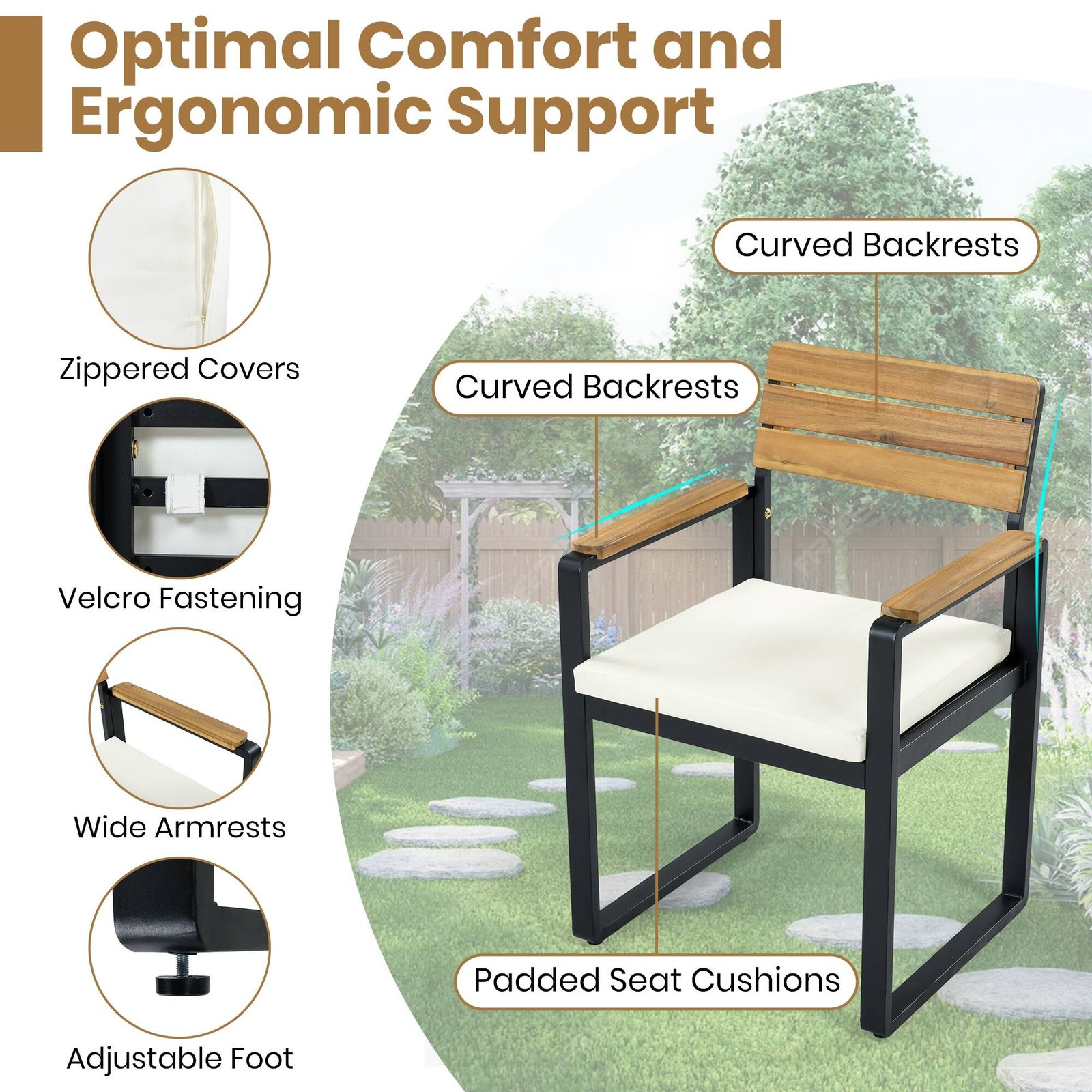 Acacia Wood & Steel Patio Dining Set with Cushioned Chairs & Bench by Leisure Zone - Image 10